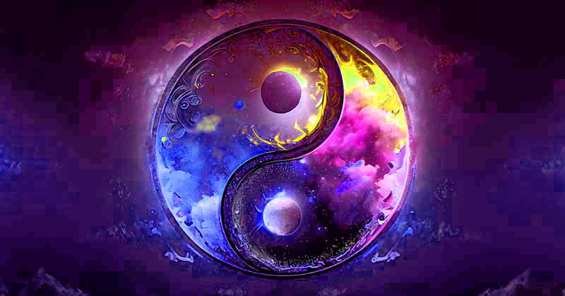 three spiritual goofs - yin-yang symbol in purple, scarlet,  blue, and gold