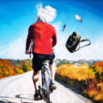 Man riding a bike, backpack and cell phone flying
