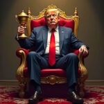 Donald Trump slouched on a throne holding a golden scepter (trophy)