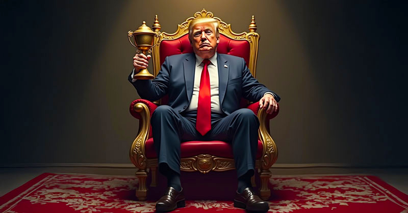 Donald Trump slouched on a throne holding a golden scepter (trophy)