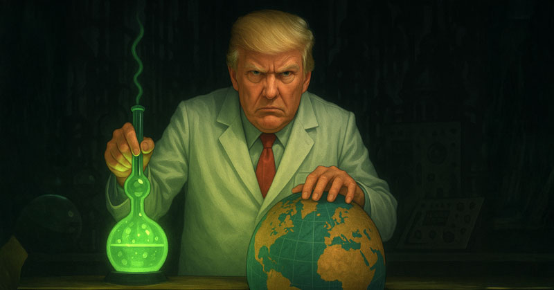 Trump is evil genius in scary underground lab concocting schemes to rule the world.